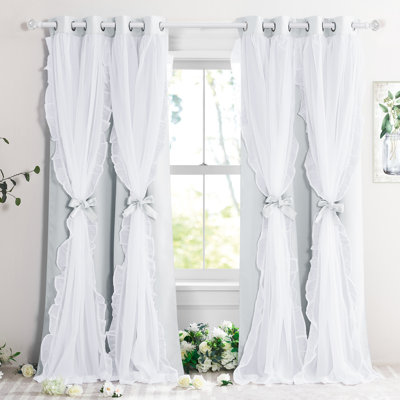  Double Layer Curtains with Ruffle Sheer Overlay for Shabby Chic Room,Blackout Grommet Drapes for Bedroom Window Treatments, 2 Piece Set Includes Tiebacks