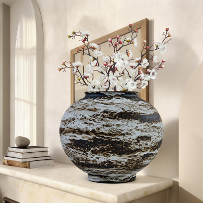 Vase en céramique noir et blanc à haut feu, vase à glaçage réactif brun et grès à bouche large, vase de table d'artisan abstrait texturé tacheté 11,8 po pour décor de maison de campagne rustique