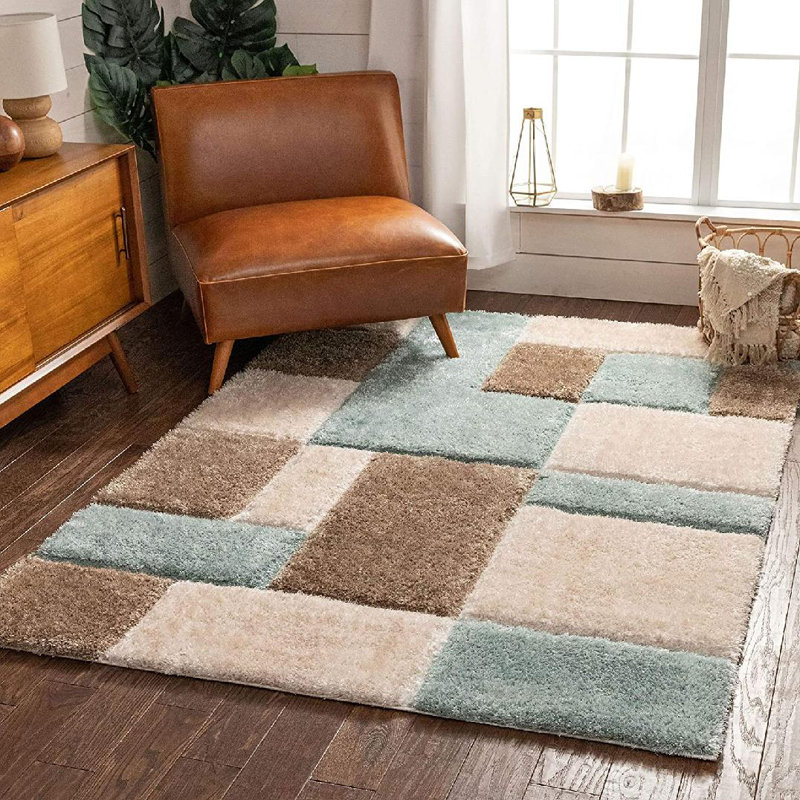 Tapis bleu / brun / crème en polypropylène à poils longs Katy-Joanne, Rectangle 3 pi 11 po x 5 pi 3 po