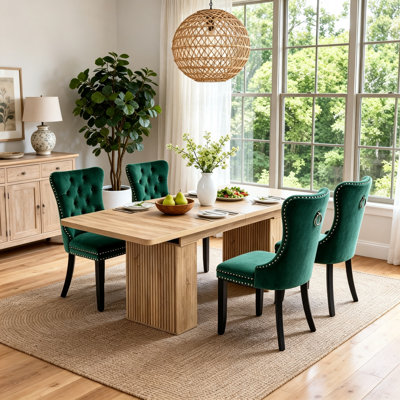 Ensemble de salle à manger extensible de style ferme 5 pièces avec 4 chaises rembourrées, table de cuisine en bois de 160 à 200 cm avec piètement cannelé, ensemble table et chaises gain de place.