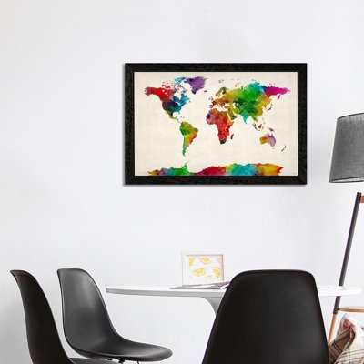 Watercolour Map Of The World III by Michael Tompsett - Floater Frame Print on Canvas