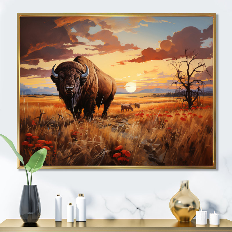 Native American Art Bison Prairies I Framed On Canvas Print, Cadre flottant doré, H 12 po x l 20 po x P 1 po