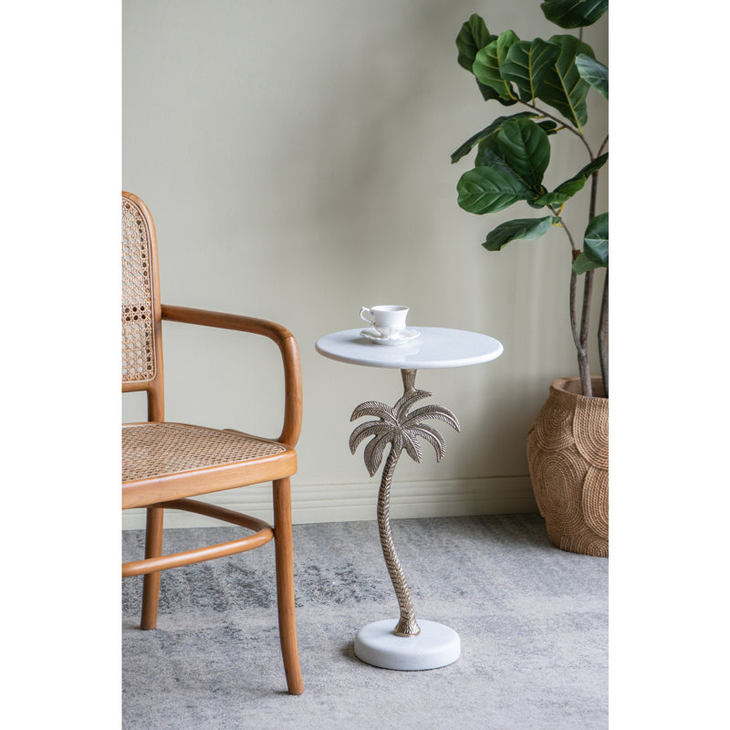D14X24" Round Side Table With White Marble Top And Gold Palm Tree Design