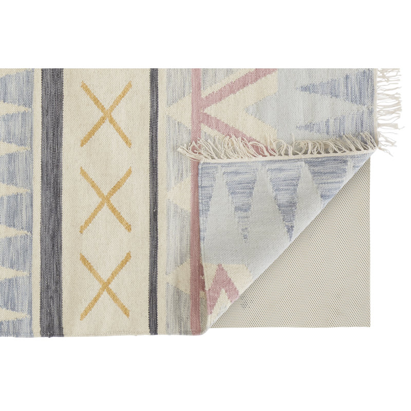 Geometric Handmade Flatweave Wool/Cotton Blue/Red/Mustard Area Rug, Rectangle 8' x 10'