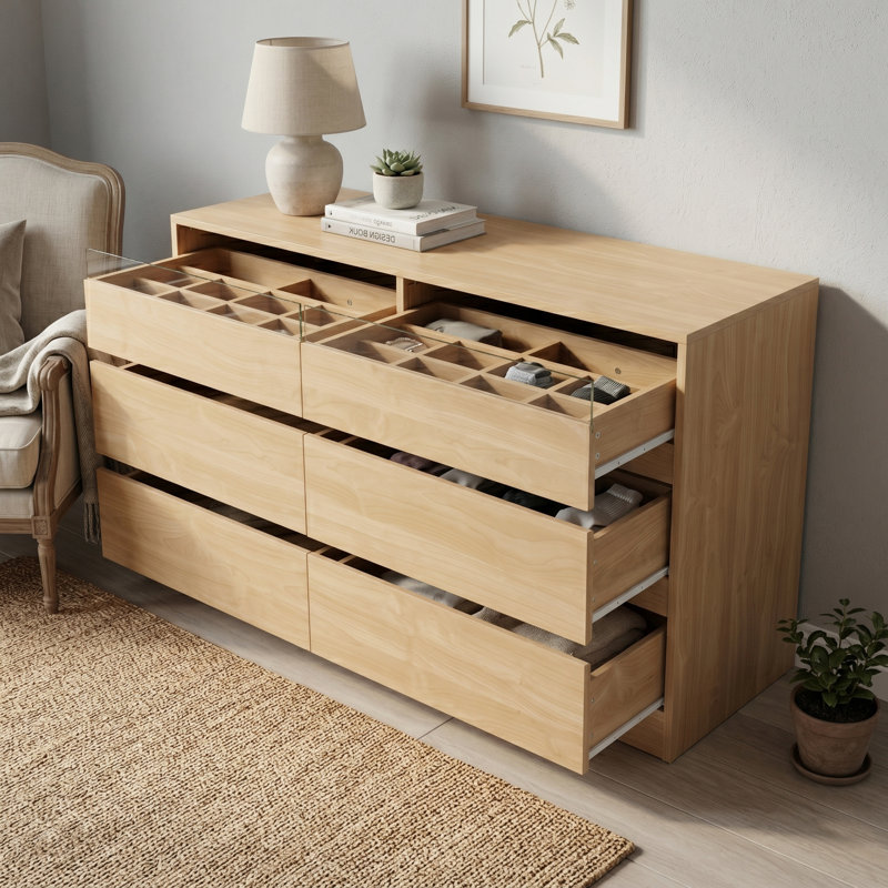 Commode 6 tiroirs, pour le salon, la chambre à coucher, Natural Wood