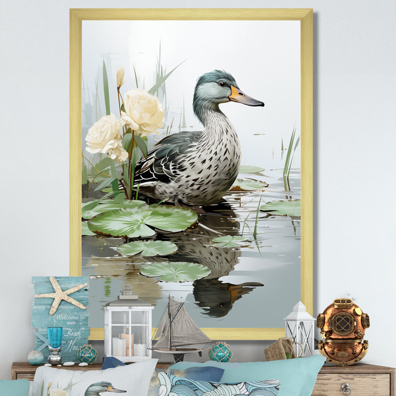 «Duck Pond Reflections V - Duck Animal», art mural, H 32 po x l 16 po x P 1 po, Cadre doré simple