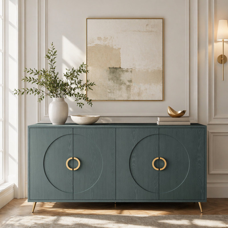 Buffet 60 po en grain de bois italien de luxe, crédence ronde à 4 portes en relief pour le buffet, console de vestibule moderne avec poignées en métal doré, vert foncé