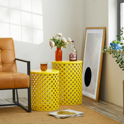 Paire de tables de bout d'extérieur - Tables d'appoint de jardin modernes en métal, jaune