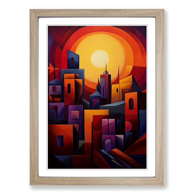 Sunset Cubism - Single Picture Frame Print on Wood, 64cm H x 46cm W x 2cm D, Oak