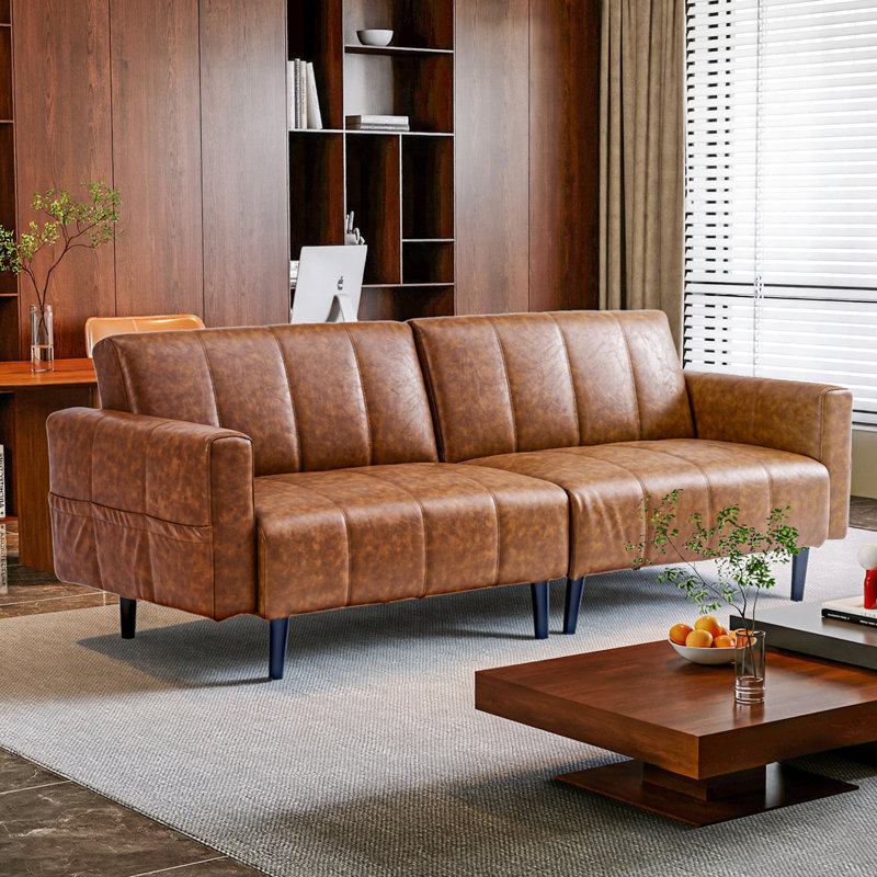 82.7'' Faux Leather Convertible Sofa, Mid Century Modern Leather Futon Sofa Bed with Adjustable Backrest & Storage Pocket