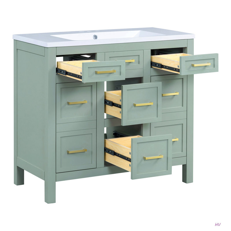 Meuble-lavabo 36 po avec lavabo intégré en résine - 4 tiroirs, 2 portes, Vert/doré