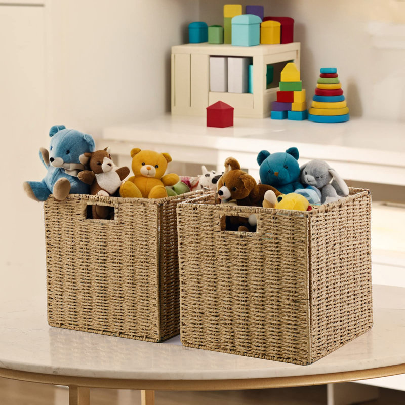 12" Collapsible Wicker Storage Baskets Storage Cubes Baskets Organizer Bins, 2 Pack, Tan