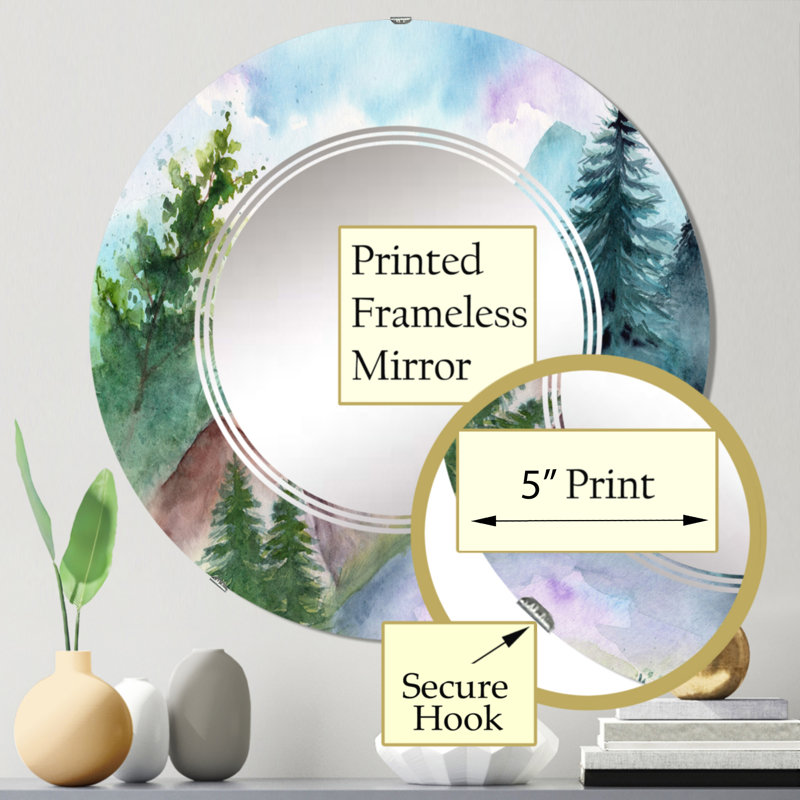 Paysage avec chemin forestier et montagnes lointaines - Miroir mural rond, 24 po x 24 po