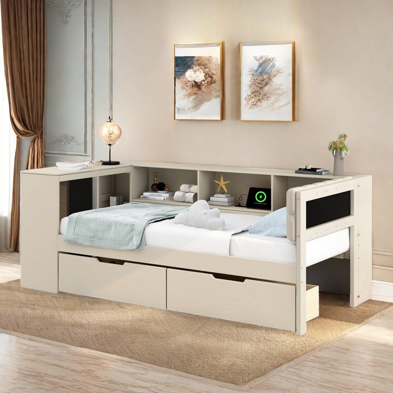 Lit moderne avec tablettes de rangement, 2 tiroirs, station de charge, bureau d'étude et tête de lit tapissier, Lit simple