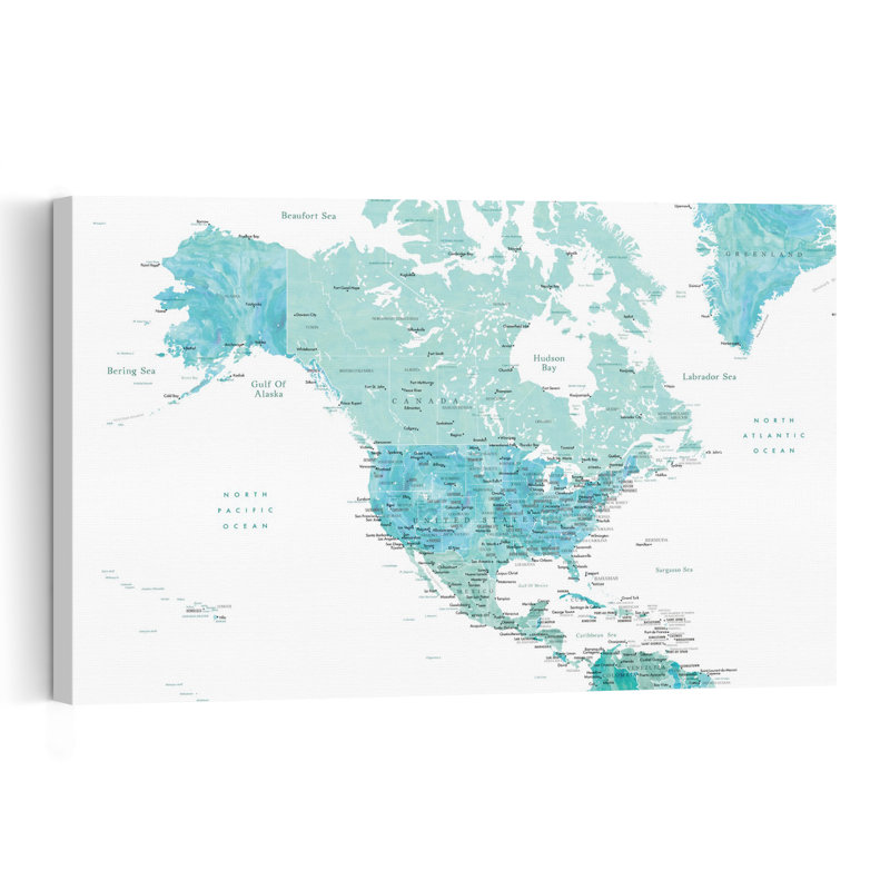 Carte aquarelle de l'Amérique du Nord, œuvre d'art murale abstraite et contemporaine, 32" H x 48" W