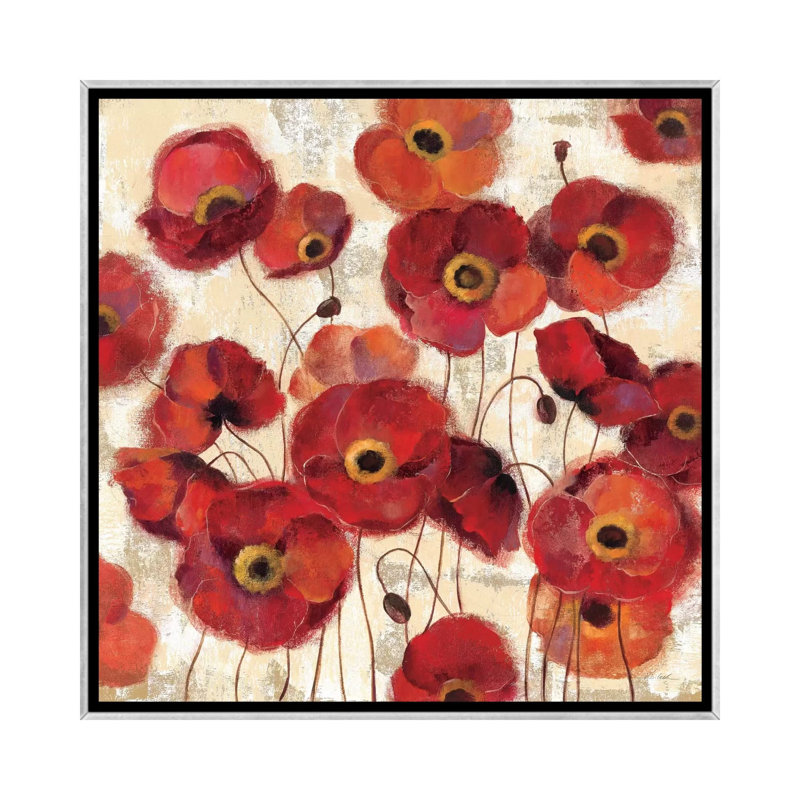 Bold Poppies by Silvia Vassileva - Painting, No Matte, 18" H x 18" W x 1.5" D, Silver Framed