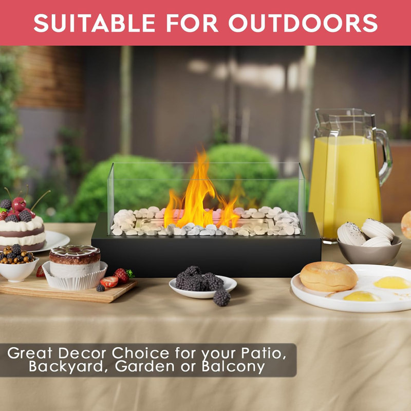 Black Steel Tabletop Fire Pit with Glass Panels