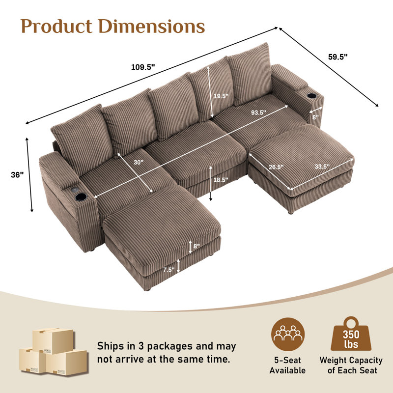 109 Inch Wide Corduroy Modular Sectional Sofa with Ottomans and Cup Holders, Brown