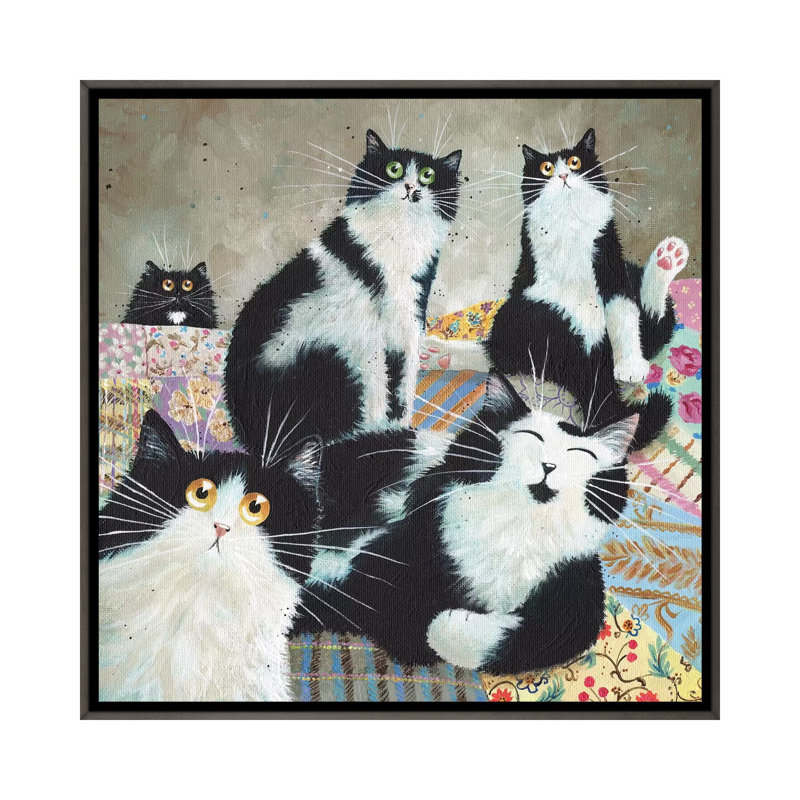 « Patchwork Cats » par Kim Haskins-reproduction d’art, Toile encadrée de bois rustique foncé, Pas de tapis