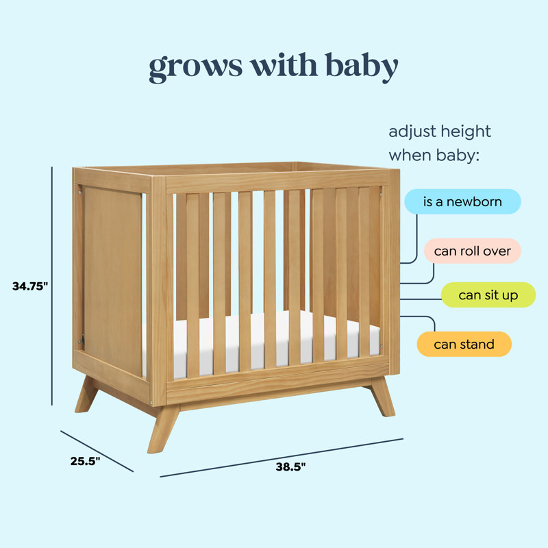 Honey Wood Mid-Century Modern Convertible Mini Crib