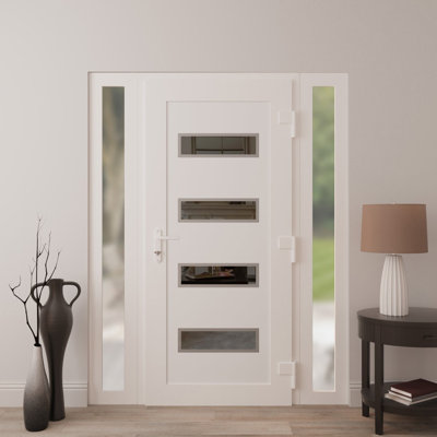 Porte d'entrée extérieure prémontée en PVC-U métal-plastique Manux 8113 Blanc Soie avec 2 impostes latérales, pour bureaux, commerces et habitations, entrée, patio, garage, 64 x 80 (L 16 + 32 + 16 x H 80), ouverture à gauche vers l'intérieur
