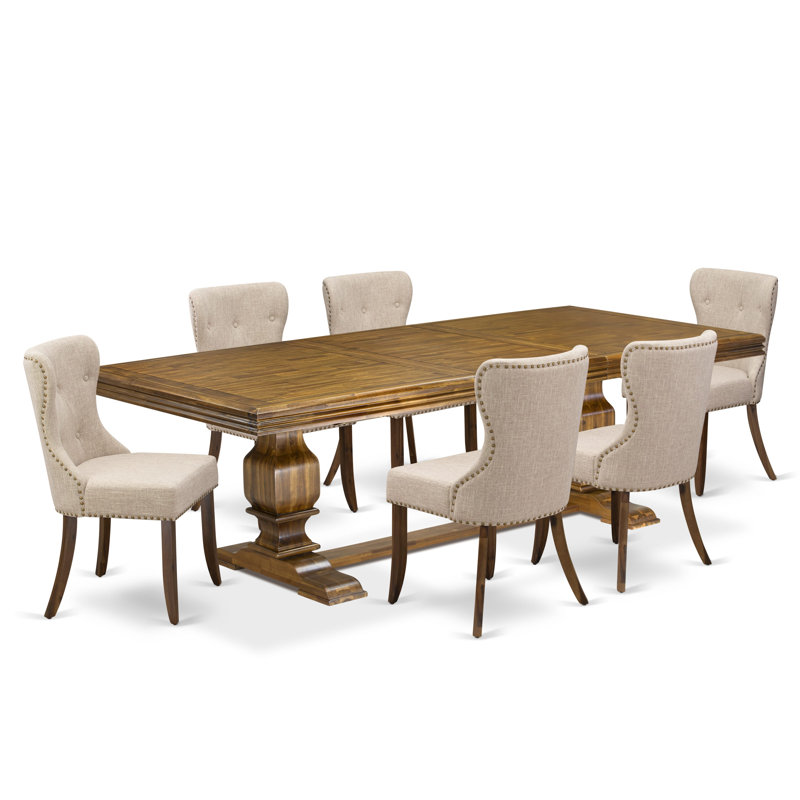 Ensemble de table de salle à manger 7 pièces moderne comprenant une table de cuisine et 6 chaises de salle à manger en tissu de lin brun clair avec dossier capitonné - Finition noyer antique