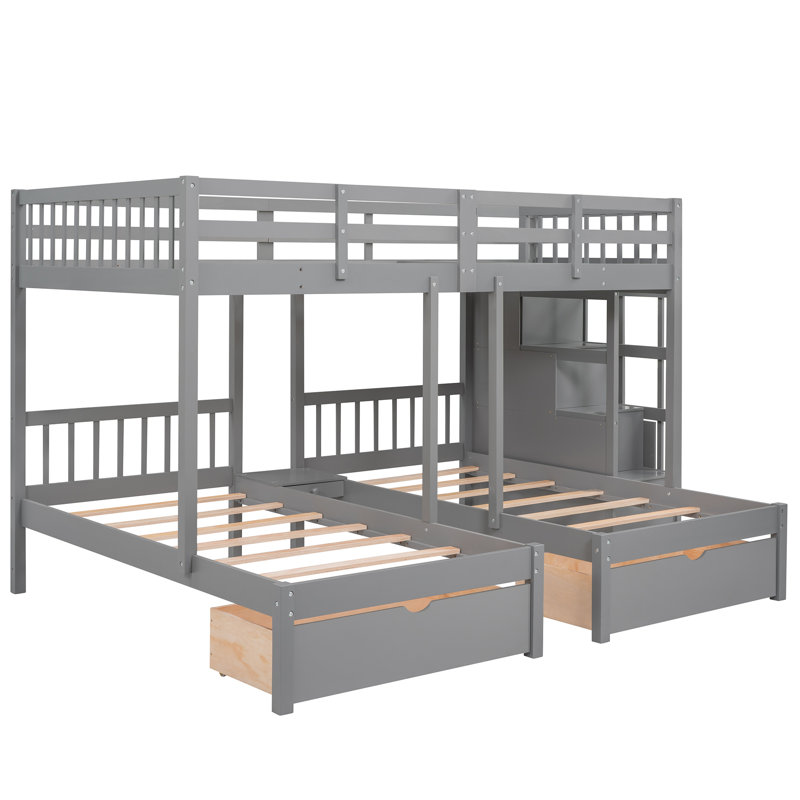 Full Over Twin & Twin Bunk Bed, Wood Triple Bunk Bed With Drawers And Guardrails, Gray