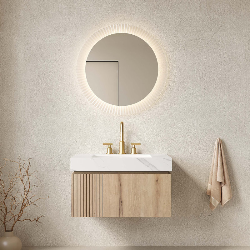 Meuble-lavabo flottant avec plateau en pierre frittée blanc de Carrare et rangement à fermeture en douceur, White Oak, 30"