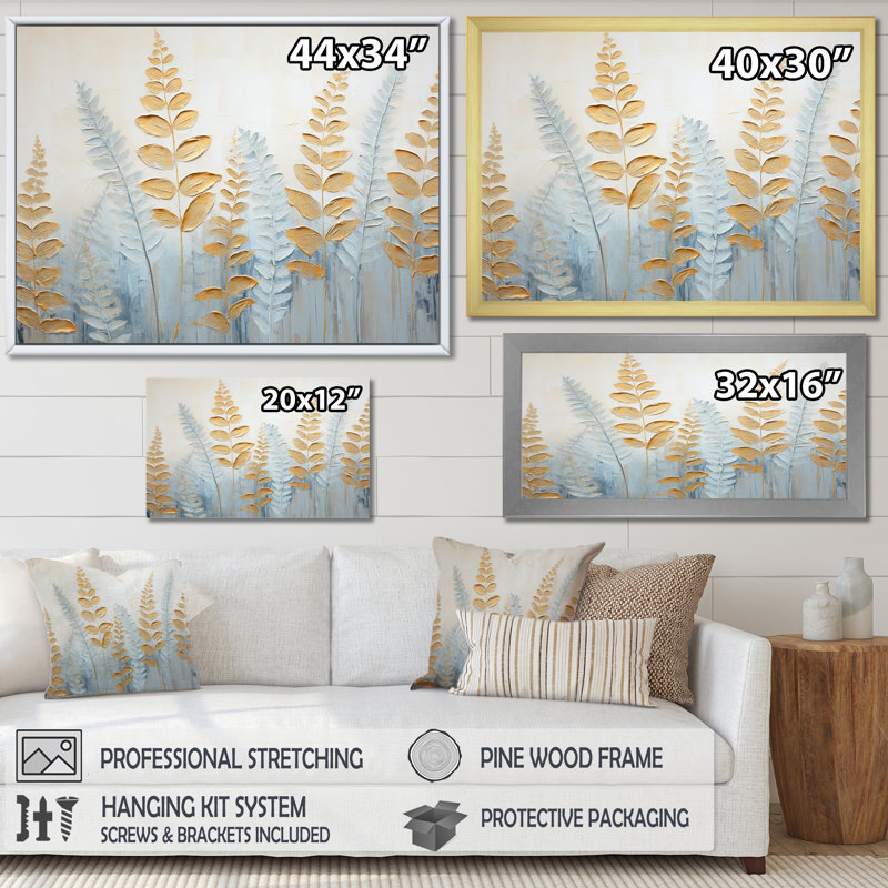 «Blue and Golden Ferns Breeze Symphony», reproduction sur toile, Cadre simple blanc, H 34 po x l 44 po x P 1,5 po