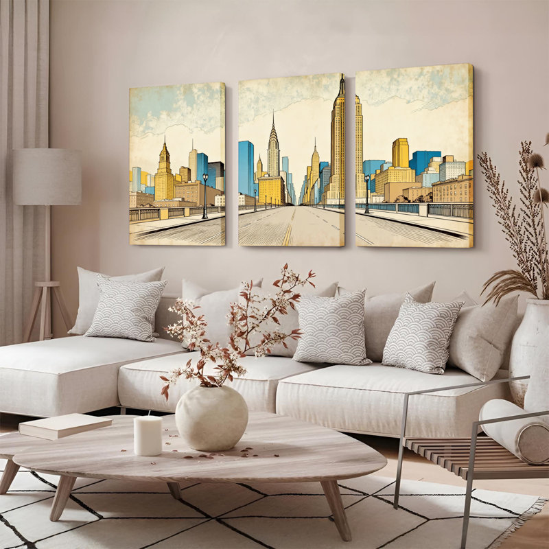 Ensemble de 3 tableaux muraux vintage représentant un paysage urbain sur toile tendue, H 18 po x l 36 po