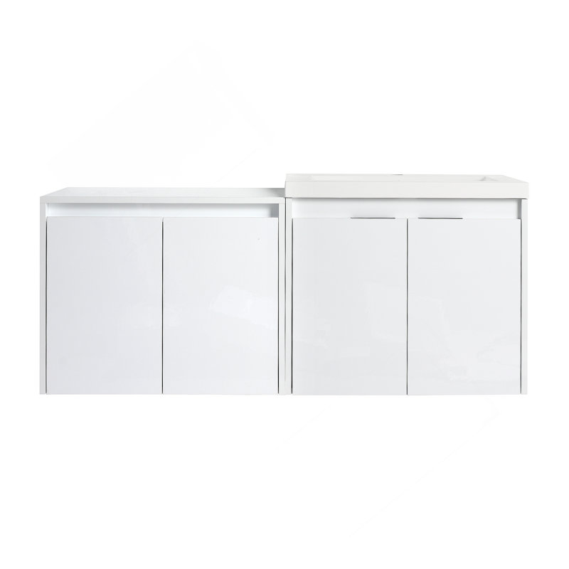 Meuble-lavabo 48 po avec lavabo en résine, portes à fermeture en douceur et armoire murale, montage flottant, blanc brillant, contreplaqué