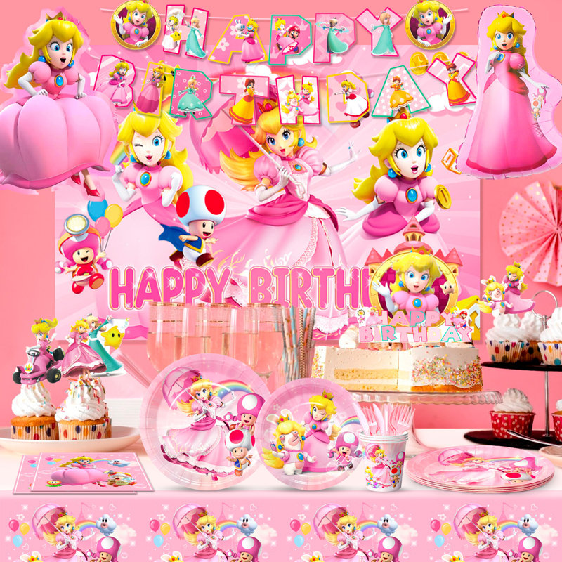 Articles de fête d'anniversaire princesse pêche, 122 pièces décorations de fête princesse pêche