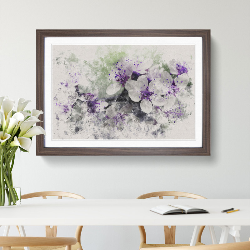 White and Purple Blossoms - Picture Frame Graphic Art, Walnut Framed, 27cm H x 36cm W x 2cm D