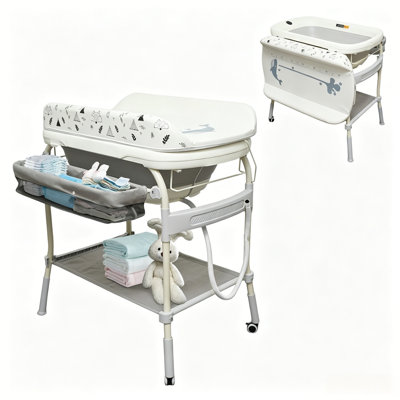 2 In 1 Baby Bathtub With Changing Table,  Waterproof Diaper Changing Station，adjustable Height Nursery Organizer With Storage Racks