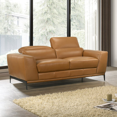 Modern Clay Leather Sofa with Adjustable Headrest & Metal Legs for Living Room
