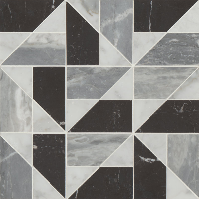 Carreau de mosaïque de marbre aléatoire Modni, Blanc Carrara / Nero Marquina / Bardiglio Nuvolato