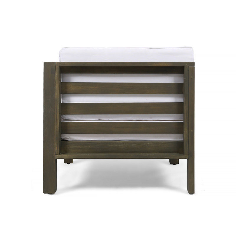 Fauteuil d'extérieur Carie avec accoudoir droit, coussins blancs, lattes en bois gris