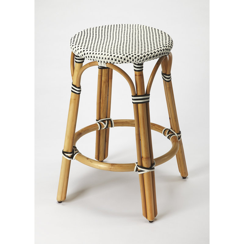 Alastair Hand-Woven Rattan Bar & Counter Stool, Counter Stool (24" Seat Height), White/Black Dot/Natural Rattan Frame