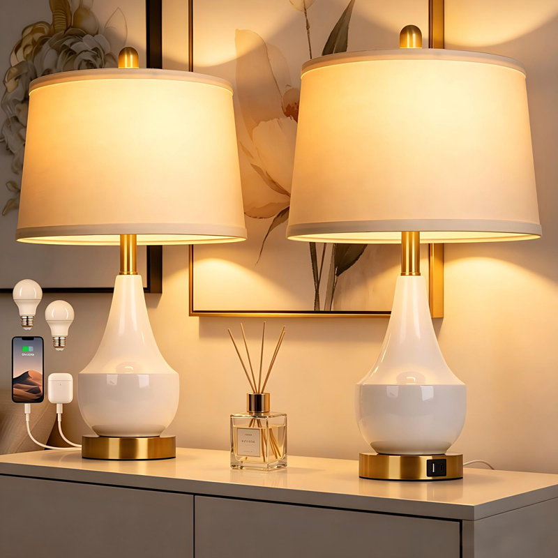 Lampes de chevet 24 po en céramique blanche avec ports USB doubles et ampoules à DEL