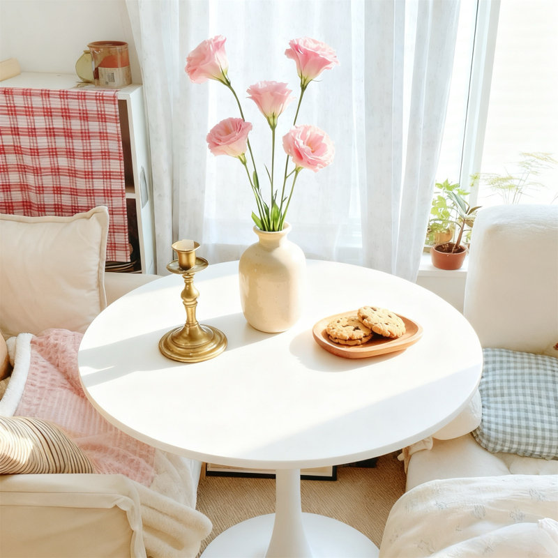Modern White Round Dining Table And Coffee Table,24" MDF Top With Sturdy Metal Pedestal Base, White, White