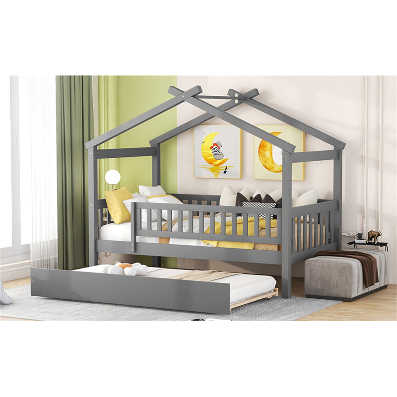 Lit simple en bois avec lit gigogne, conception créative et peu encombrante pour les chambres d'enfants, Gris