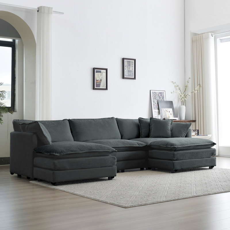 5 convertibles en forme de U avec 2 repose-pieds, chenille grise, tissu respirant, base en bois massif, canapé modulaire en chenille haute rembourrée, canapé de salon