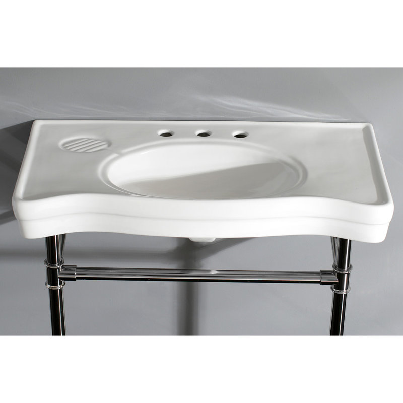 Kingston Brass Imperial 36-Inch Ceramic Console Sink with Stainless Steel Legs (8-Inch, 3-Hole), White/Polished Nickel