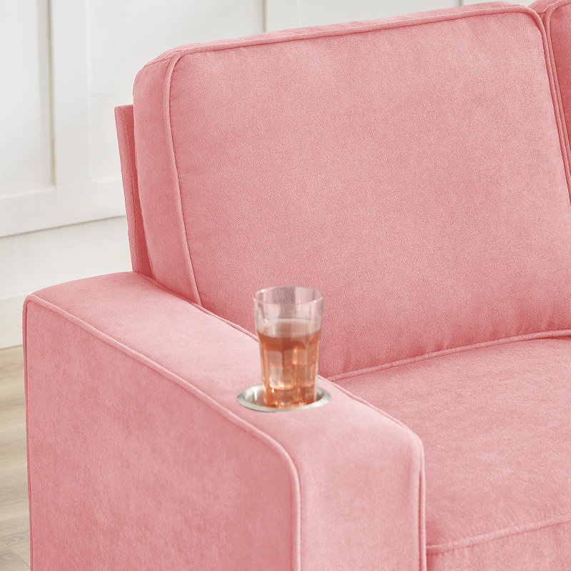 84.25"W 3-Seat Sofa with Cupholder, Pink Fabric