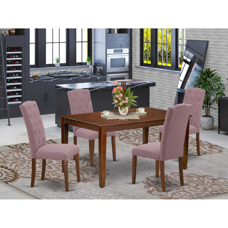 Ensemble de table de salle à manger 5 pièces comprenant une table de cuisine rectangulaire et 4 chaises de salle à manger Parson en lin Dahlia, acajou