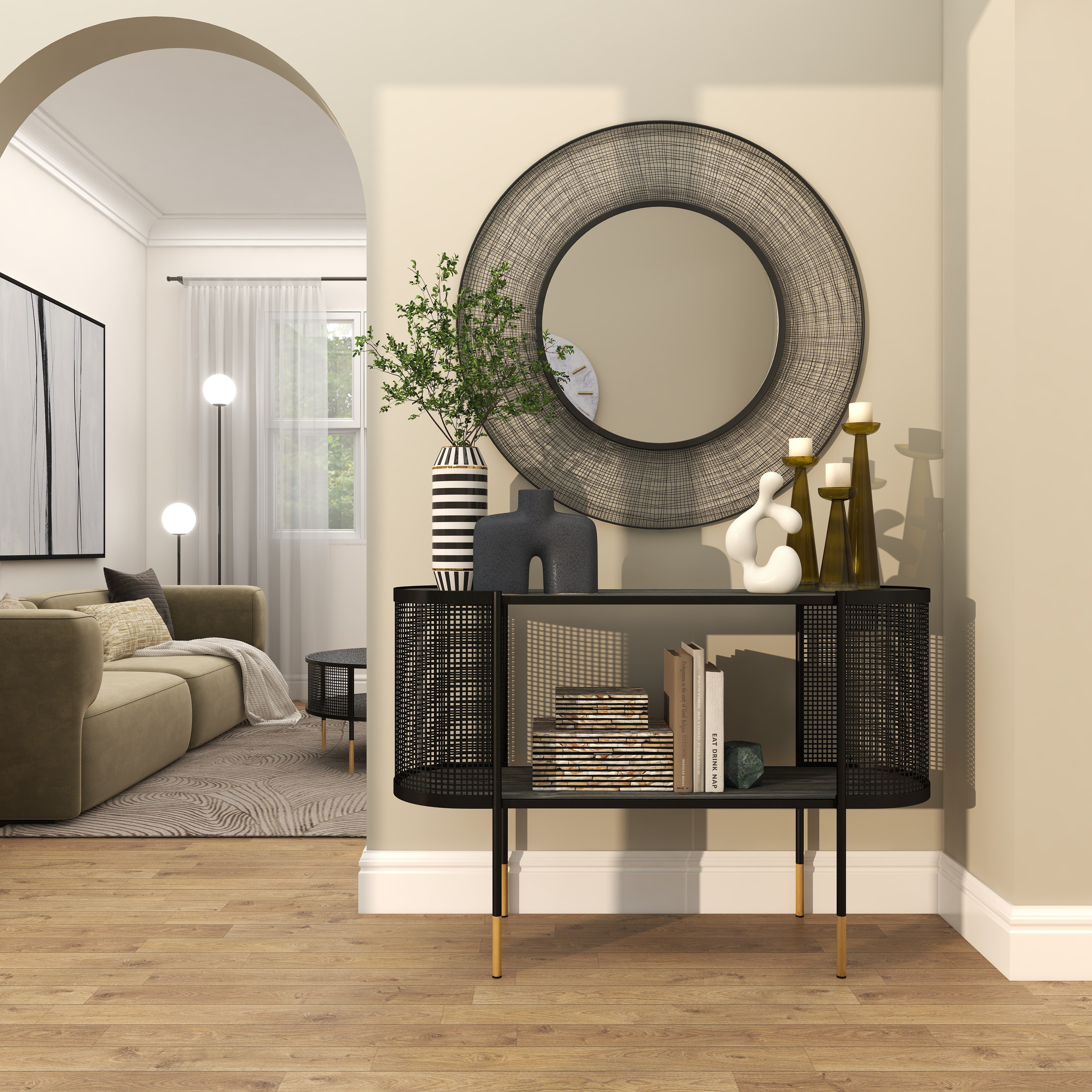 AllModern Linden Black Metal Mesh Side Panel 1 Shelf Console Table with