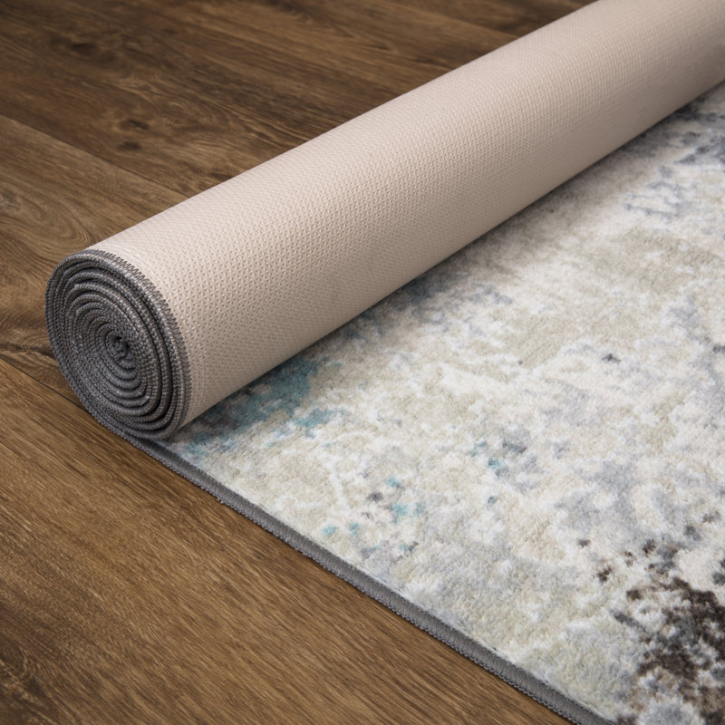 Lyanne Washable Non-Slip Blue Area Rug, Rectangle 6'7" x 9'