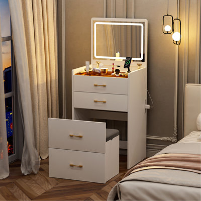 Meuble-lavabo 3 en 1 avec miroir ouvert, ensemble de coiffeuse avec bureau en verre visible, coiffeuse compacte avec 3 tiroirs et tabouret, coiffeuse pour chambre à coucher