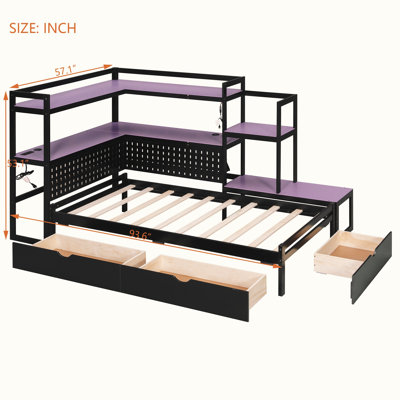 Lit de jour simple pour lit avec bureau intégré, lumière DEL et rangement, tête de lit multifonctionnelle