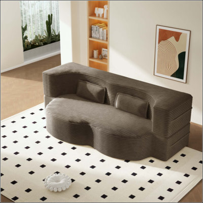 Modern Floor Sofa With 2 Pillows,Convertible Corduroy Fabric Foam-Filled Sleeper Sofa Bed, Folding Mattress For Living Room,Guest Bed,Playroom,No Assembly Required